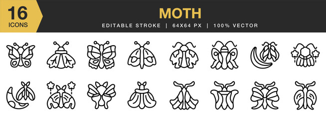 Moth icon set. Editable Stroke Icon Collection. Includes Rhopalocera, Moth, Insect, Butterfly, Animalia, and More. Outline icons vector collection.