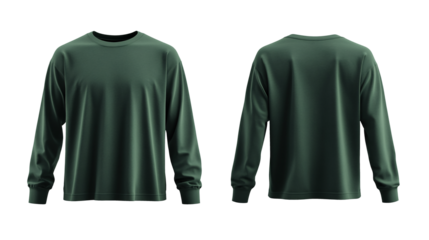 Green long sleeve plain t-shirt mockup, with front and back views, isolated on transparent background.