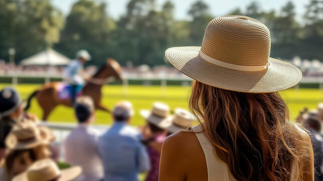 Woman in wide-brimmed hat watching horse race at equestrian event. Outdoor photography with green field and crowd in background. Horse racing and summer leisure concept for banners and posters