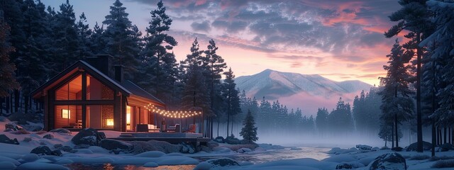Fototapeta premium Cozy Winter Cabin by a River at Sunset in a Snowy Forest