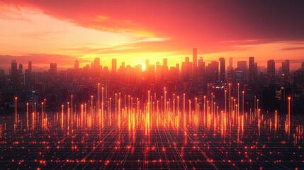 Futuristic Cityscape at Sunset with Digital Network Overlay