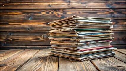Obraz premium Stack of various magazines neatly arranged on a rustic wooden table, magazines, stack, wooden table