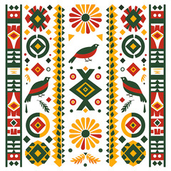 Fototapeta premium Vibrant Folk Art Pattern with Birds and Geometric Shapes