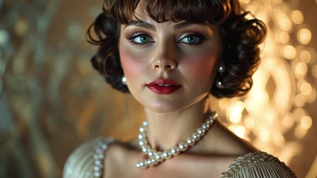 Vintage Glamour Portrait: A captivating close-up of a woman with a 1920s bob haircut, pearl necklace, and elegant makeup, exuding old Hollywood charm.