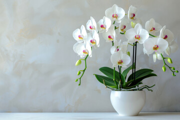 Artificial orchid plant in flower pot on white marble table. Space for text