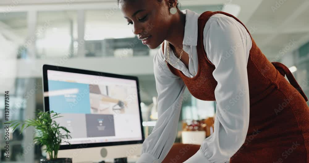 Poster office, computer and black woman with documents, screen and organizing of research, smile and graphs