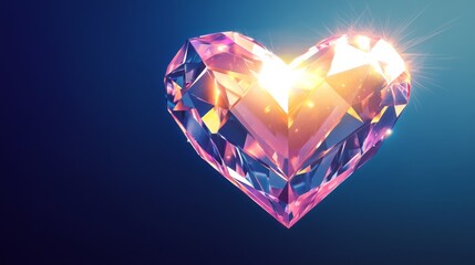 A stunning, heart-shaped crystal shines brightly, reflecting a mix of pink, purple, and golden hues. Set against a dark gradient background, the gem exudes luxury and elegance, perfect for themes of