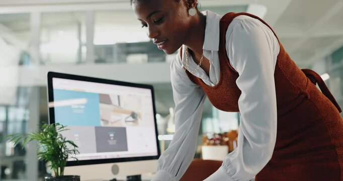 Office, computer and black woman with documents, screen and organizing of research, smile and graphs. Digital, data analyst and person with paperwork, charts and report for customer surveys and info