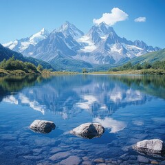 Snow-capped mountains reflected in a crystal-clear lake, a breathtaking natural mirror.