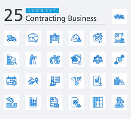 CONTRACTING BUSINESS ICON SET BLUE STYLE with logistic delivery, mixer truck, job search, barrier, caution, renovation, claims, inspection, surveying and plumbing 
