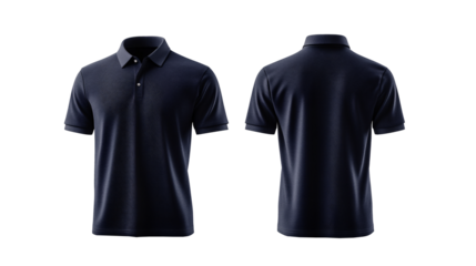 plain navy or dark blue polo t-shirt mockup design. front and back views. isolated on white and transparent background.