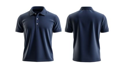 plain navy or dark blue polo t-shirt mockup design. front and back views. isolated on white and transparent background.