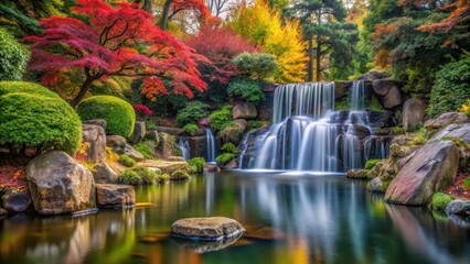 Obraz premium Waterfall long exposure in Japanese garden with maple trees, zen pond in London, waterfall
