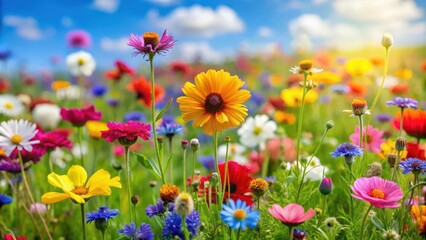 Fototapeta premium Vibrant spring flower meadow showcasing a colorful array of wildflowers, spring, flowers, meadow, vibrant, colorful, wildflowers