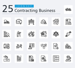 CONTRACTING BUSINESS ICON SET OUTLINE STYLE with logistic delivery, mixer truck, job search, barrier, caution, renovation, claims, inspection, surveying and plumbing