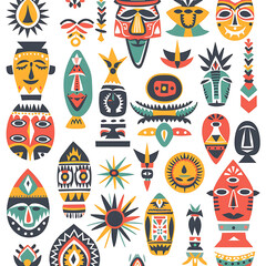 Fototapeta premium Colorful Ethnic Masks and Symbols Pattern Design