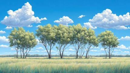 Obraz premium Idyllic Summer Meadow with Trees and Blue Sky