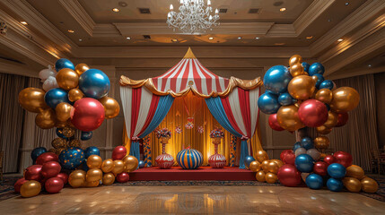 Circus Themed Party Decor: A whimsical and enchanting backdrop for a special event, featuring a vibrant red and white striped tent with golden accents, surrounded by colorful balloons in blue, red.