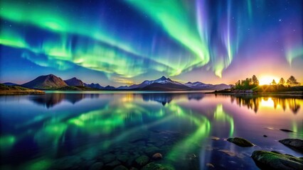 Stunning auroras illuminate a tranquil landscape reflecting on calm waters at twilight, aurora, stunning