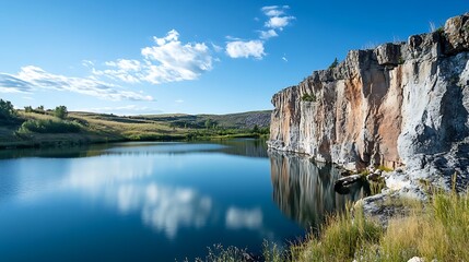 Serene Lake Reflecting Clouds and Cliff Face