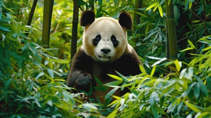 Obraz premium Panda among lush green bamboo foliage