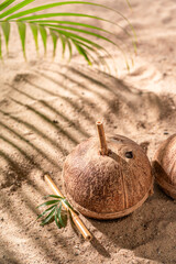 Healthy and fresh coconut milk in shell for hot days.