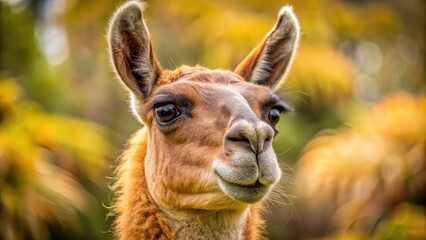 Fototapeta premium Closeup of a brown llama with a long nose, llama, animal, furry, closeup, portrait, domestic, farm, cute, fluffy