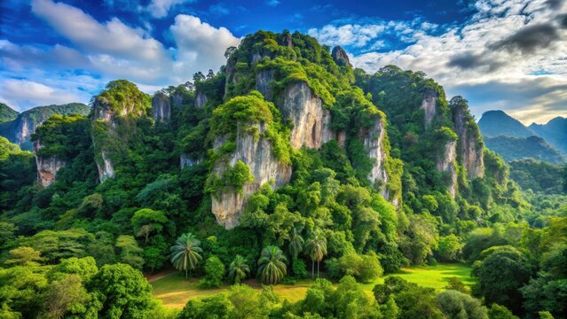 Beautiful lime stone hill surrounded by lush green trees in Gua Musang, Kelantan, Malaysia, nature, landscape