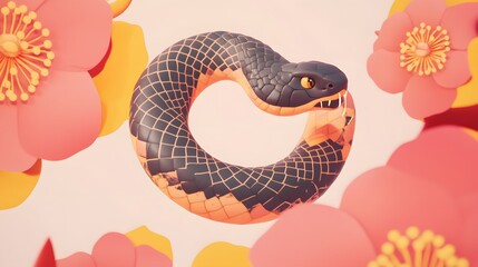 Stylized Snake Coiled Amidst Pastel Flowers