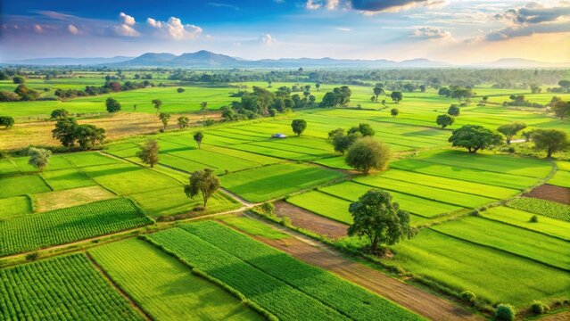 Agricultural green land in India showcasing lush crops and vibrant landscape, agriculture, green land, India, crops