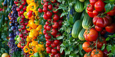 Vertical Display of Tomatoes, Peppers, Zucchini, and Grapes