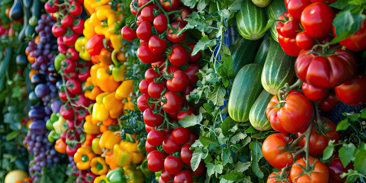 Vertical Display of Tomatoes, Peppers, Zucchini, and Grapes