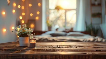 Rustic wooden table with flowers, candle, and soft bokeh background lights.