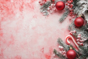 Red and pink textured background with snow-dusted fir branches, red Christmas ornaments, berries, and candy canes on the right side. Large space for text. Perfect for festive banners and holiday cards