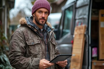 Obraz premium Man Using Tablet in Van During Rainy Day