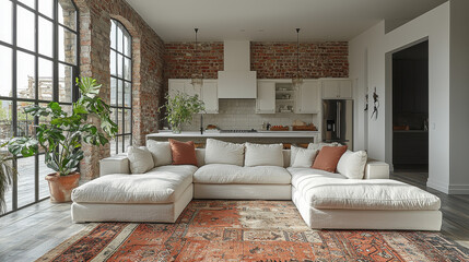 Industrial Chic Living Room: A spacious and stylish living room features a large off-white sectional sofa, an exposed brick wall, and expansive windows that flood the room with natural light.