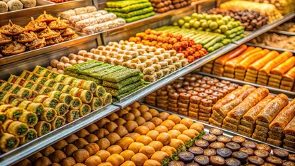 A variety of traditional Turkish sweets displayed in a pastry shop , Turkish delight, baklava, pastries