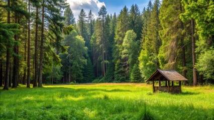 Meadow surrounded by dense forest with a hidden shelter , nature, landscape, scenery, tranquil, peaceful, retreat