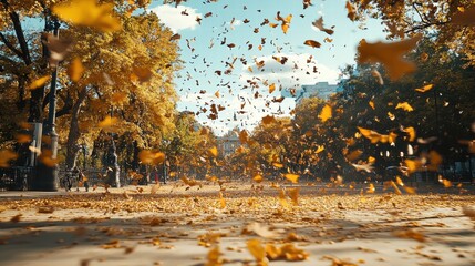 Autumn Leaves Falling in City Park