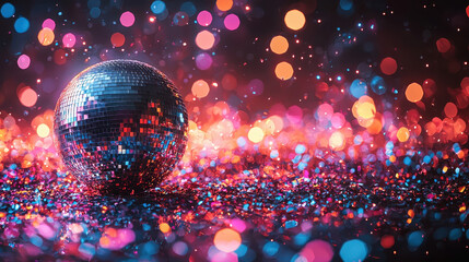 Disco Ball Glow: A shimmering disco ball bathed in vibrant, multicolored bokeh lights, evoking the electrifying atmosphere of a retro dance party.  