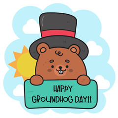 Fototapeta premium happy groundhog day with label and sun kawaii animal woodland