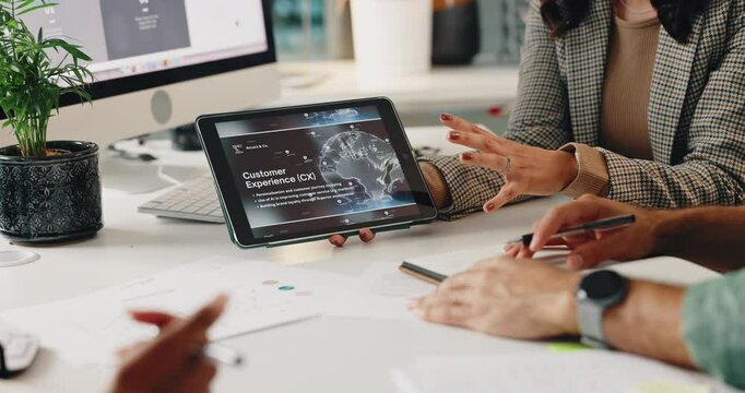 Hands, tablet and workforce trends with employee people in office for education, meeting or planning. Collaboration, development and infographic on screen with business group in workplace together