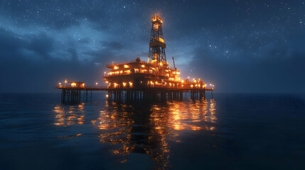 Obraz premium Nighttime Oil Rig in the Ocean - 3D Illustration