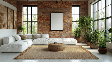 Modern Loft Living: A spacious and inviting living room with exposed brick walls, large windows, and a cozy sectional sofa. The natural light and greenery create a serene and sophisticated atmosphere.