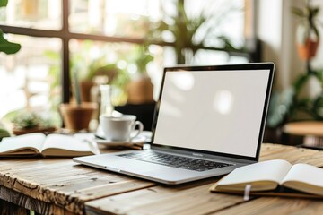 Laptop on Wooden Table in Coffee Shop