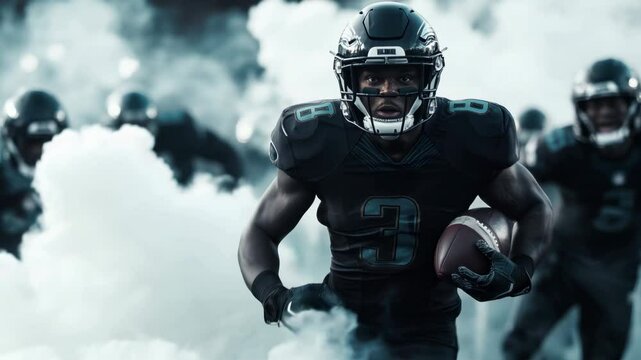 A Black American football player running with the ball, wearing an American helmet and dark uniform in front of other players standing on both sides of him, white smoke around them