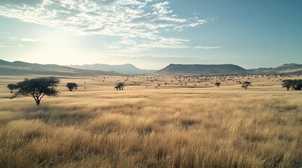Obraz premium Golden Grasslands Under A Cloudy Sky With Distant Mountains