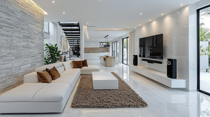 Modern Living Room: A spacious and stylish living room with sleek white furniture, a large TV, and a view of the outdoors. The room is designed for both relaxation and entertainment.