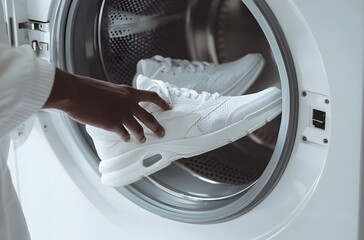 Person placing white sneakers into a washing machine
