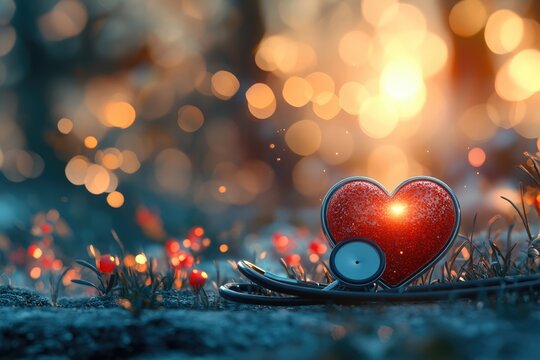 Health awareness, heart stethoscope featured on a World Health Day banner, importance of cardiovascular health, with ample copy space for promoting wellness initiatives, preventive care.